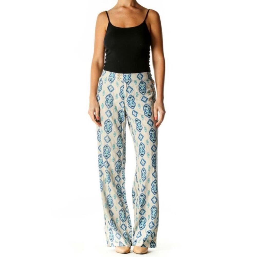 Willi Smith Womens Pants Sz 4  Geometric Print Linen Blue Beige Wide Leg